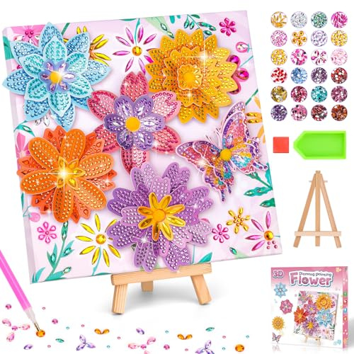 Bastelset Kinder ab 6 Jahre, Geschenk Mädchen 5-12 Jahre, Blumen Diamond | Basteln Mädchen 6 7 8 9 Jahre, Diamond Painting Kinder mit Leinwand, Kreativ Geburtstagsgeschenk Bastelkoffer Spielzeug