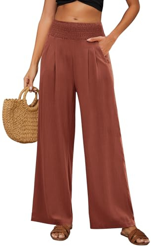 PASUDA Leinenhose Damen Sommer Hose Weites Bein Baumwolle Leinen Sommerhose Elastisch Hohe Taille Lang Freizeithose Leichte Loose Boho Hosen Strandhose mit Taschen Bequeme Stoffhose