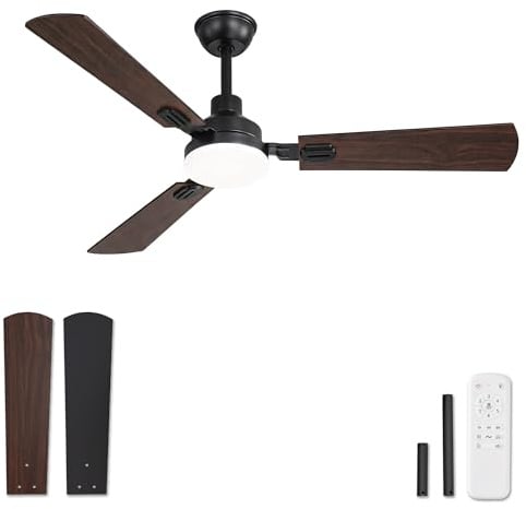 Ventilador de Techo Con Luz LED 132 cm, Mando A Distancia, Interior Y Exterior, CCT 3000K-6000K, Motor DC Reversible, Silencioso, 6 Velocidades, Temporizador 1H/4H/8H, 3 Aspas Negras + Nogal Oscuro