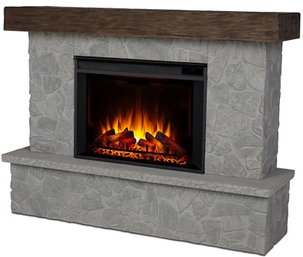 Real Flame Odette 64 Grand Electric Fireplace, Natural Look of Stacked Stone, Replaceable Fireplace Insert Heater, Realistic Log and Flame Effect, Remote Control, Timer (Glacier Stone)
