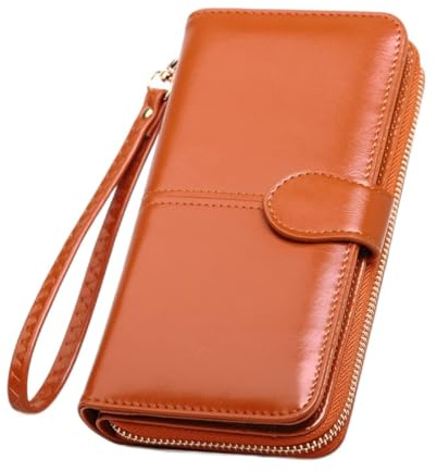 TLMDXTEU Langes Damenportemonnaie Oilskin Wallet Long Dreifache Handytasche Frauen Zipper Coin Bag Großes Fassungsvermögen(Earthy Yellow)