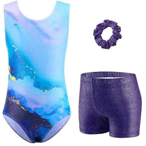 Arshiner Flickor Gymnastik Tröja Ärmlös Gymnastikbody Tredelad Gymnastikdräkt Tryckt Barn Gymnastik Outfit Träning Gymnastikdräkt Gymnastikbody Set Danskläder 3–10 År, Marmormönster Blå