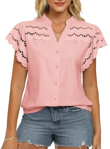 GRACE KARIN Camicetta estiva da donna a maniche corte casual con scollo a V in cotone-lino camicie elegante vestibilità comoda top traforati, rosa chiaro, XL