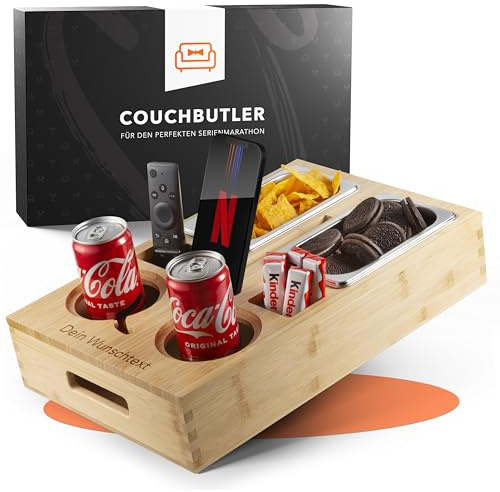 Couchbar Snackbox aus Bambus – Couch Bar Personalisierbar inkl. Geschenkbox | Sofa Tablett mit 2 Snackschalen, 2 Getränkehalter mit Untersetzer, magnetischer Deckel & Handyhalterung, mit Gravur