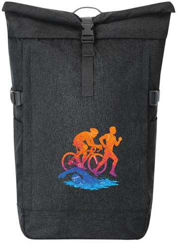 Huuraa Kurierrucksack Triathlon bunte Silhouette Geschenk | 30-44 Liter Backpack Black Melange Fairtrade Rolltop Rucksack Geschenkidee Schwarzer Laptop-Rucksack passend für 17-Zoll