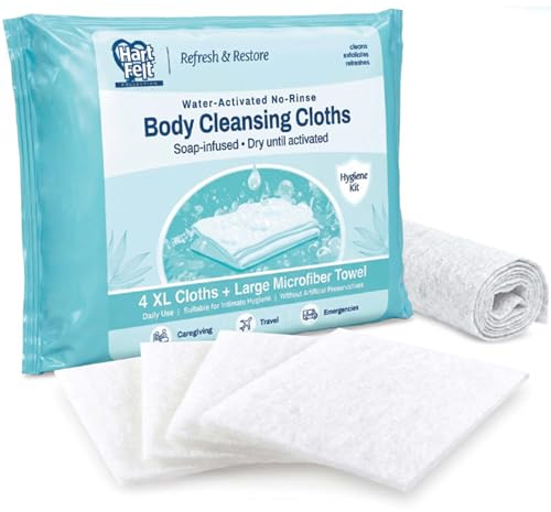 HartFelt Just-Add-Water Hygiene Kit – No-Rinse Body Wash Cloths with Included Towel | Portable On-the-Go Pocket Shower for Camping, Travel, Gym, Backpacking & Emergencies | 1 Kit