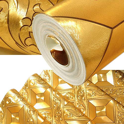 QIHANG Gold Foil Mosaic Square Lattice Background Flicker Wallpaper Gold Leaf Wallpaper Modern Roll/Hotel Ceiling/Decorative Wallpaper Roll Gold Yellow Color 1.73' W x 32.8' L=57 sq.ft