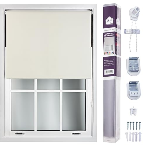 FURNISHED Roller Blinds Blackout Custom Size, Cream Beige, 180W x 165L cm | Made to measure 100% black out thermal fabric easy fit fittings custom blackout blind