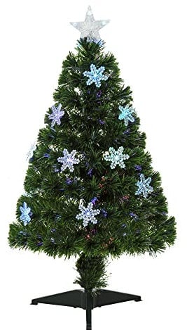 HOMCOM 3FT Green Fibre Optic Artificial Christmas Tree Xmas Colourful LED Scattered Tree with Snowflakes Ornaments Fireproofing