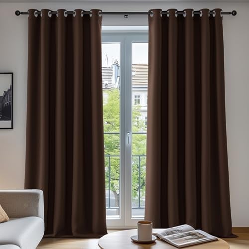 Deconovo Wide Blackout Curtains Ring Top Super Soft Thermal Insulated Eyelet Curtains for Bedroom 90 x 90 Inch Drop Chocolate 1 Pair