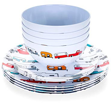 Camco Life is Better at The Campsite 12 Piece Dishware Set-Multicolor Retro RV and Trailer Print, Includes Plates and Bowls, Perfect for RVing and Camping, Melamine (53297)