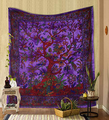 THE ART BOX Grande arazzo da Parete Albero della Vita - Telo Mare Indiano, Etnico - 100% Cotone - copridivano/copriletto, Pareo, Multiuso, 135x210 Cm, Viola