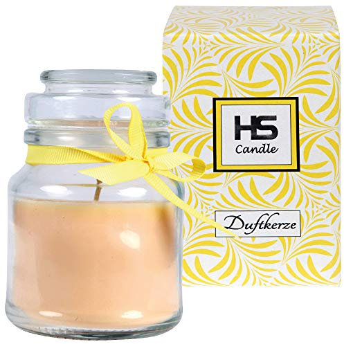 HS Candle Candela profumata alla vaniglia in vetro, 10 cm x 7 cm, in confezione regalo, 120 g di cera – durata circa 30 ore, fragranza in vetro BonBon con coperchio