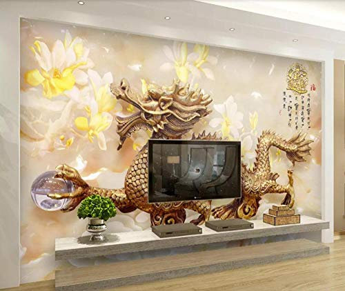 Tapete 3D Wandbild Geprägter Tierischer Goldener Drache Fototapete 3D Effekt Vliestapete Wohnzimmer Wanddeko