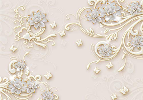 wandmotiv24 Fototapete 3D Effekt Blumen Ornamente Gold, XL 350 x 245 cm - 7 Teile, Wanddeko, Wandbild, Wandtapete, Abstrakt Blüten M6098