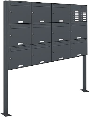AL Briefkastensysteme 11er Standbriefkasten mit Klingel Standbriefkasten mit Klingel in Anthrazit Grau RAL 7016 11 Fach DIN A4 wetterfest Premium Briefkastenanlage