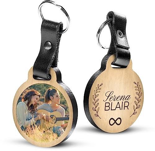 Porte-clé Personnalisable Meilleure Amie avec photo en bois de chêne et cuir véritable - idée de cadeau personnalisé - message inclus 2 prénoms gravés (3,6 x 4,3 cm)