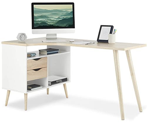 VonHaus Computer Desk – Light Oak Effect Office Desk – Computer Table with Storage Drawers & Shelves – Corner L Shape Office Table