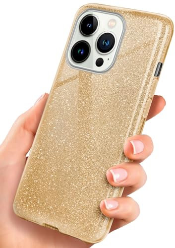 ONEFLOW Funda con Purpurina Compatible con Apple iPhone 13 Pro, Delgada Funda Protectora de Silicona a Prueba de Golpes, con Diamantes de imitación, Brillo - Oro