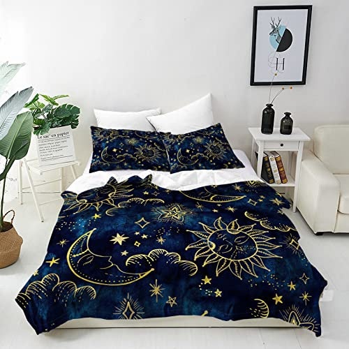 ANHOPE Astrologie Sonne Mond Sterne Bettwäsche Set 3 Teilig Weich Bettbezug 135x200 cm & 2 Kissenbezug 50x70 cm Microfaser Bettbezüge Set mit Reißverschluss Ganzjahres Bettdeckenbezug Set