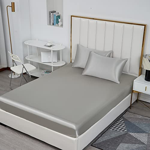 Michorinee Satin Spannbettlaken 180x200cm Silber Grau Glatt Seide Glanzsatin Bettlaken Boxspringbett Topper Microfaser Spannbetttuch für Matratze bis 25 cm