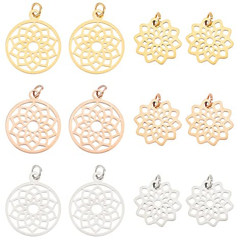 DICOSMETIC 12 Stück 2 Stile Hohl Blumen Charm 3 Farben Blumen Anhänger Edelstahl Filigrane anhänger 16/19mm Blume des Lebens Charme Chakra Charme Für Die Schmuckherstellung, Bohrung: 3mm