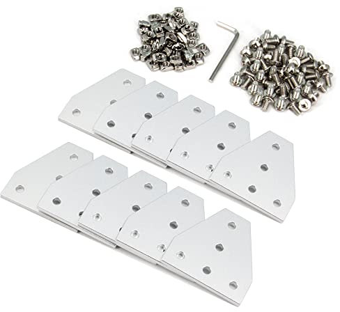 Befenybay 10PCS/Set Silver T Corner Bracket Plate with 50PCS M5x8mm Screws and 50PCS M5 T Nuts for 2020 Series Aluminum Profile 3D Printer Frame
