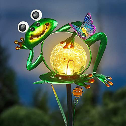 JJALIGHTS Frosch Garten Solarleuchten, Metall Frosch Gartendekor für Draußen Wasserdicht Solar Pfahl Lichter für Garten Rasen Ornamente Patio Hof Dekorationen