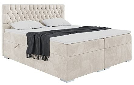 MEBLINI Boxspringbett mit Bettkasten - Gepolstert Doppelbett mit Matratze und Topper - Polsterbett mit Stauraum - Bett mit Kopfteil - Stauraumbett - Dalia - 180x200 - H3/Creme Samt