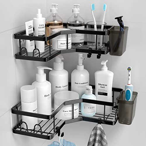 AKTECKE Corner Shower Caddy, 2 Pack Adhesive Shower Corner Organizer Shelves, No Drilling Stainless Steel Shower Storage Rack with Hooks&Toothpaste Holder for Bathroom Kitchen (for 90° Corners Only)