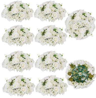 BLOSMON Artificial Flowers Wedding Table Decoration 10 Pcs White 45cm Large Fake Flowers Centrepieces Hydrangea Rose Silk Flowers Ball Arrangement Wedding Floral Center Pieces for Home Party Decor
