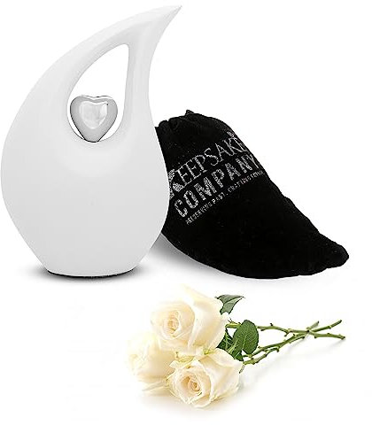 KEEPSAKE COMPANY Weiße, tropfenförmige, mittelgroße Urnen für menschliche Asche mit silbernem Herz (15,2 cm Höhe) – einzigartige mittelgroße Urne für Beerdigungen – kleine Haustierurne, weiß matt