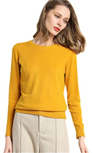 Alloaone - Maglione in cashmere da donna, lavorato a maglia, girocollo basico, Giallo, M