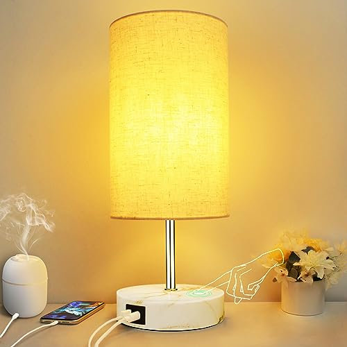 Allesgute Nachttischlampe Touch Dimmbar LED Tischlampe mit USB A+Typ-C-Anschlüssen,3 Wege Dimmbar Touch-Steuerung E27 Tischleuchte Weiß für Schlafzimmer Geschenk, Inkl. 6W Warmweiß LED-Birne