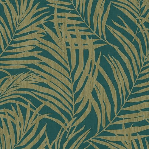 Grandeco Maui Palmwedelblätter, Strukturtapete, Grün Gold