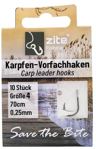 Zite Fishing Karpfen-Vorfachhaken Größe 4 | 10 Stück im Haken-Brief | Angelfertige Montage | Scharfe EInzelhaken…