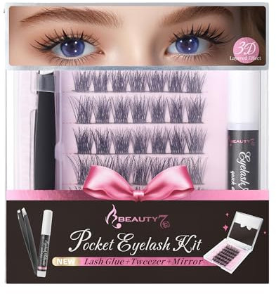 Beauty7 Pocket Eyelashes Faux Cils 42pcs Cluster Lash 10mm 12mm 14mm 16mm avec Colle de Cluster Lash, Tweezer et Miroirs, Coffret Cadeau, MINE Gift Set
