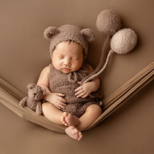 Qnokliey Neugeborenes Fotografie Kostüme, Kaffeefarben Kleinkind Bär Bodysuit mit Luftballon, Fotoshooting Stricken Kleidung für Babys 0-1 Monate, Mädchen Jungen Party Fotokleidung Requisiten