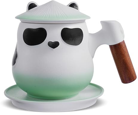 ZENS Tea Mug with Infuser and Lid, 330 ML Cute Panda Tea Cup with Strainers for Loose Leaf Tea Diffusers, Wood Handle Ceramic Tea Infuer Mug for Brewing Tea Lovers Gifts, Collector's Mug for Daughter