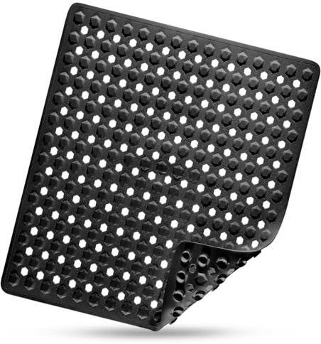 DOPROP Square Non-Slip Anti Mould Shower Mat for Inside Shower 53x53cm - Black PVC Bath Mat with Strong Suction Cups & Drain Holes, Machine Washable, Bathroom Mat for Elderly & Kids Safety