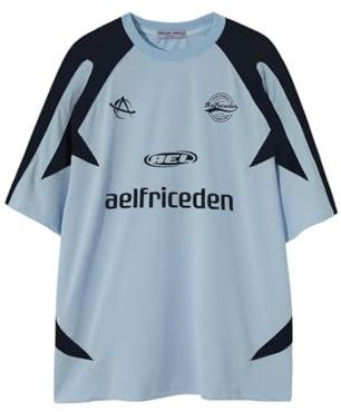 Aelfric Eden Herren Oversized Baseball Tshirt Damen Y2K T-Shirt Vintage Trikot Baggy Sommer Casual Shirt Racing Tee Hellblau, S