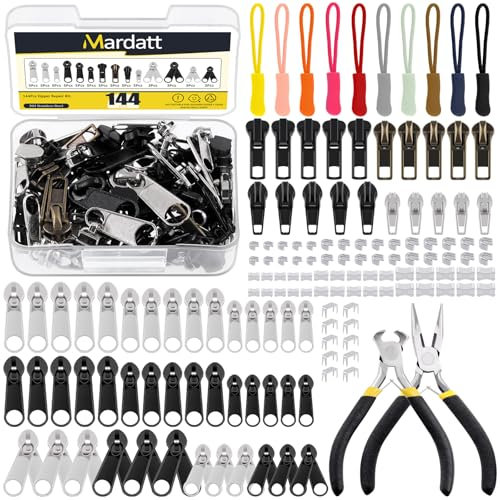 Mardatt 144Pcs Zipper Repair Kit - #3#5#8 Zipper Replacement with Extension Pulls, Installation Pliers for Bags, Tents, Luggage, Jackets, Backpacks, Sleeping Bags