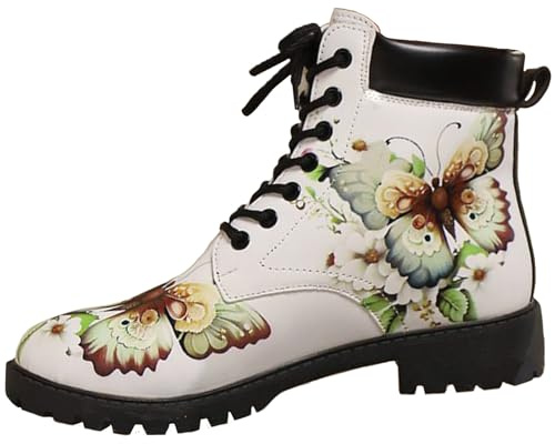 Ulalaza Stivali da donna Punta tonda Tacco largo Stivaletti con plateau gotico Stivali da combattimento da motociclista punk stringati Stivaletti corti in pelle con stampa multicolore