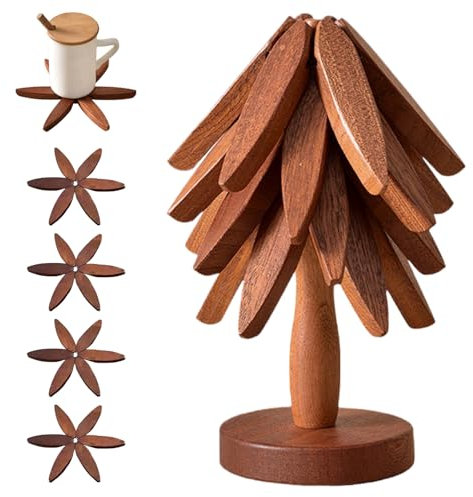 Wooden Trivets for Hot Dishes, Tree Shape Trivet Set, 4 Walnut Wood + 1 Stand stored Like a Christmas Tree,Foldable Kitchen Wooden Trivet,for Hot Dishes、Pot、Bowl、Teapot、Hot Pot Holder(Walnut Wood)