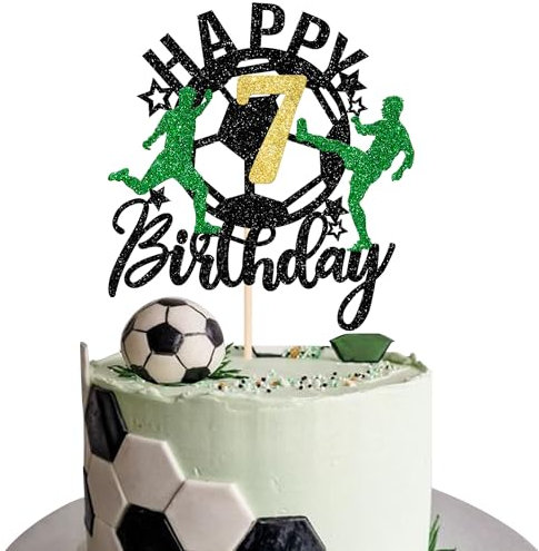 SYKYCTCY 1 Pack Soccer Happy 7th Birthday Cake Topper Sport Soccer Ball Cake Picks for Football Theme Kids 7th Birthday Party Cake Decorations Supplies