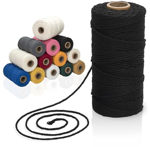 Makramee-Garn aus 100% Baumwolle, 3-4 mm Stärke, in tollen Farben (Schwarz, 3mm (100m))