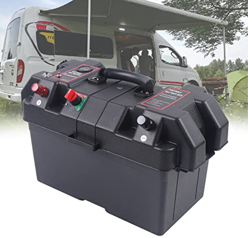 Leisure Battery Box With USB Strap, Marine Multi-Function Battery Box Portable Leisure Large Battery Case Black Trolling Motor Power For Caravan Camper Boat Motorhome, 44 x 24.5 x 27 cm, DENGFEN