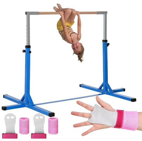 Gym Bar® Barre Fixe de Gymnastique pour Enfant Bleue | 13 Niveaux Ajustables de 90 à 150 cm | En Acier et Bois Massif en Hêtre | Kit de Protection Offert | Usage Intérieur Extérieur | Aerobik