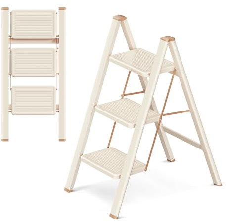 GameGem 3 Step Ladder, 3 Step Stool for Adults, Folding Step Ladder with Secure Footing, Widened Pedal, Aesthetically Pleasing Looking, Blends Right into Domestic Rooms, Chocolate White