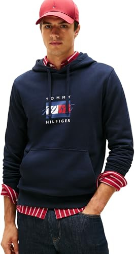 Tommy Hilfiger Men’s Linear Flag Graphic Cotton Hoodie, Blue (Desert Sky), XXL